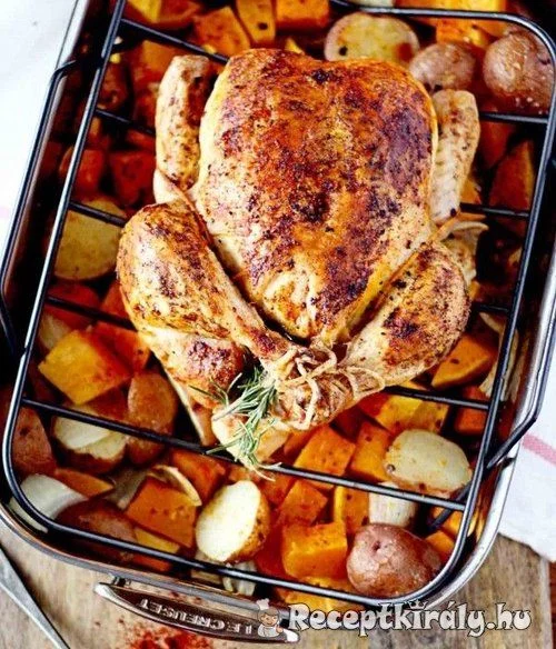 Zöldségeken sült csirke recept