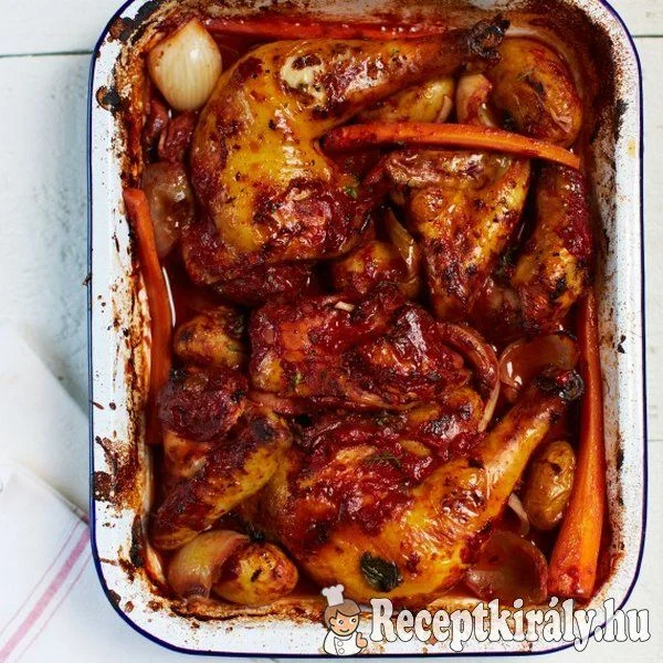Zöldséges csirke borban sütve recept