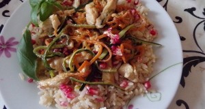 Bana rizses zöldséges gránátalmás, csirke csíkok